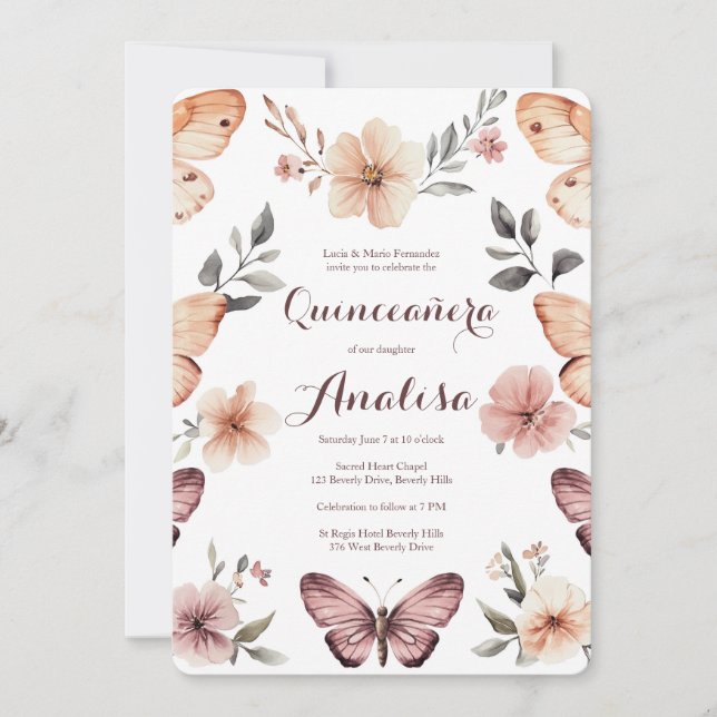 Watercolor Florals Butterflies Quinceañera CUSTOM Invitation (Front)