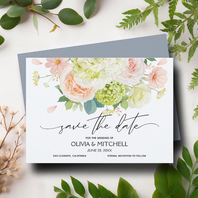 Watercolor Florals Dusty Blue Wedding Save The Date (Watercolor Florals Dusty Blue Wedding Save The Date Cards)
