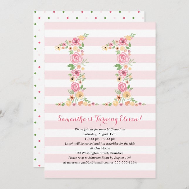 Watercolor Florals ELEVEN 11th Birthday Invitation (Front/Back)