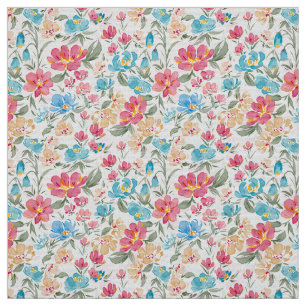 Watercolor Florals in Pink and Blue, Floral Garden Fabric