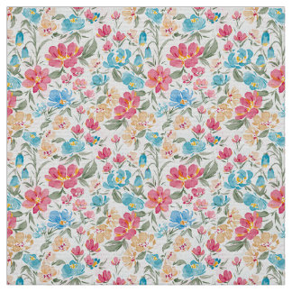 Watercolor Florals in Pink and Blue, Floral Garden Fabric