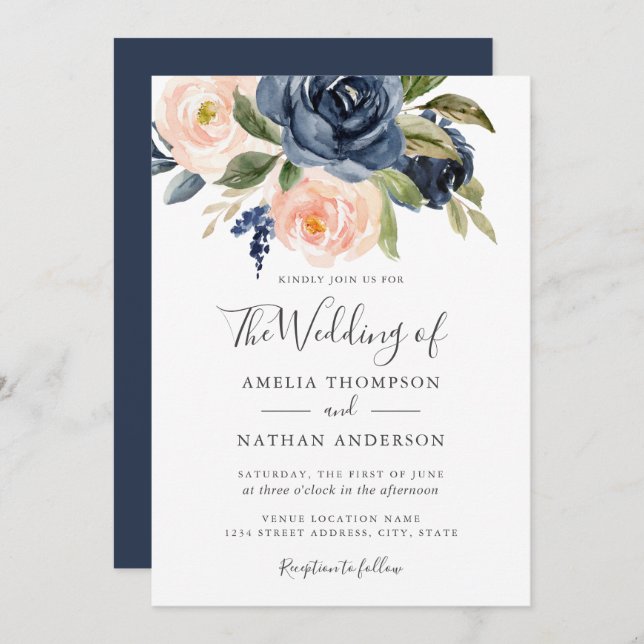 Watercolor Florals Navy Peach Wedding  Invitation (Front/Back)