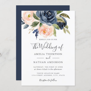 Watercolor Florals Navy Peach Wedding Invitation