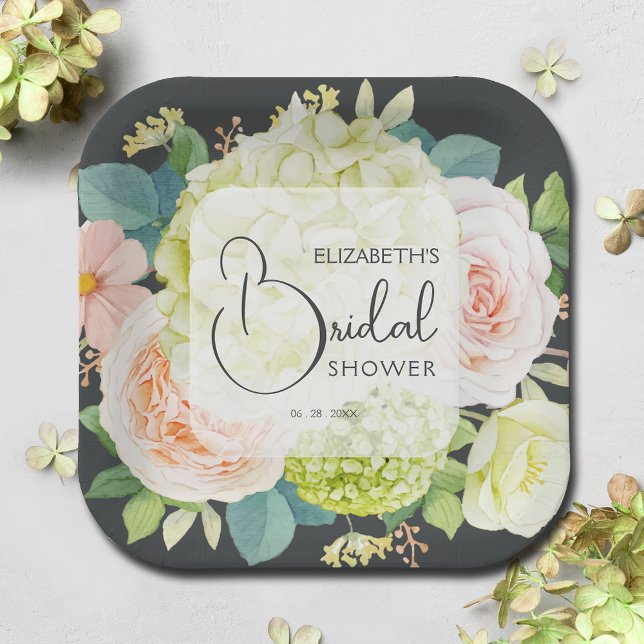 Watercolor Florals on Brown Bridal Shower Paper Plate (Creator Uploaded)