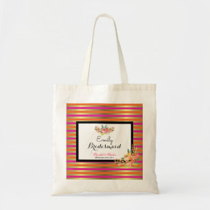 Watercolor Florals on Pink Orange and Gold Stripes Tote Bag