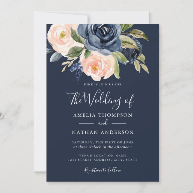 Watercolor Florals Peach Navy Wedding  Invitation (Front)