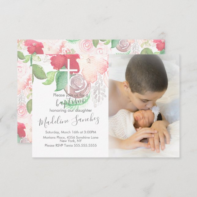 Watercolor Florals Pink Baptism Baby Dedication   Invitation (Front/Back)
