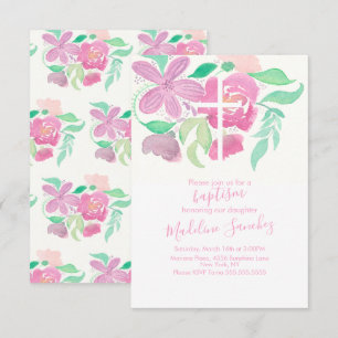 Watercolor Florals Pink Hand Painted Baptism   Invitation