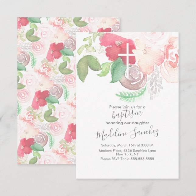 Watercolor Florals Pink Hand Painted Baptism Invitation (Front/Back)