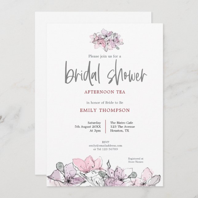 Watercolor Florals Pink Script Bridal Shower Tea Invitation (Front/Back)