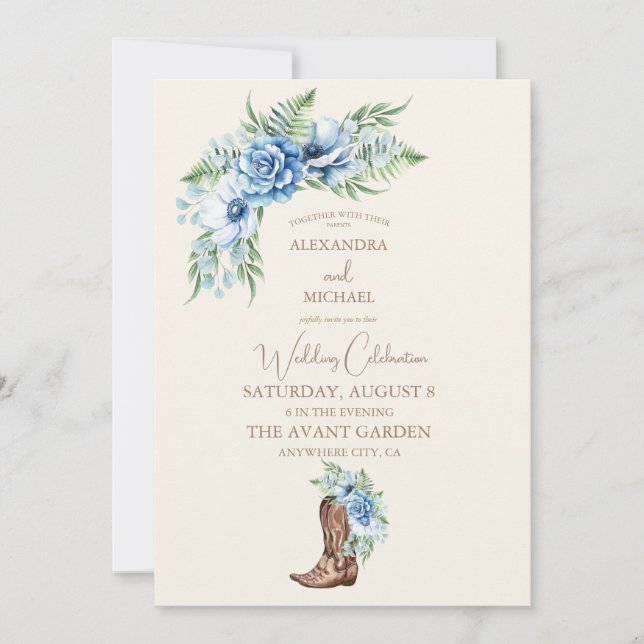 Watercolor Florals Western Cowboy Boots Wedding Invitation (Front)
