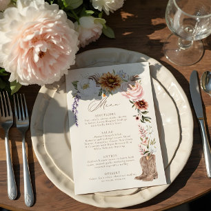Watercolor Florals Western Cowboy Boots Wedding Menu