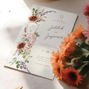 Watercolor Florals Western Horseshoe Lace Wedding Invitation
