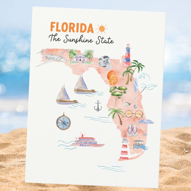 Watercolor Florida State Art Map Postcard (Close up)
