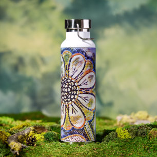 Watercolor flower art on blue water bottle