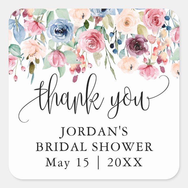 Watercolor Flower Blooms Thank You Favour Square Sticker (Front)