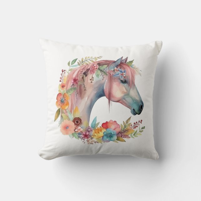Watercolor Flower Boho Horse Pastel Cushion (Front)