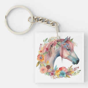 Watercolor Flower Boho Horse Pastel Key Ring