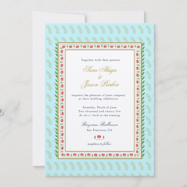 Watercolor flower border Aqua Indian wedding Invitation (Front)