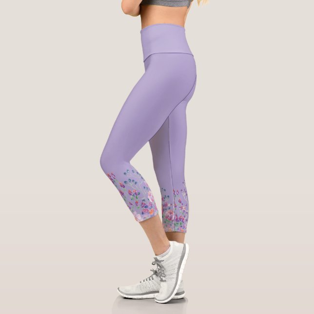 Watercolor Flower Border on Lavender Capri Leggings (Left)