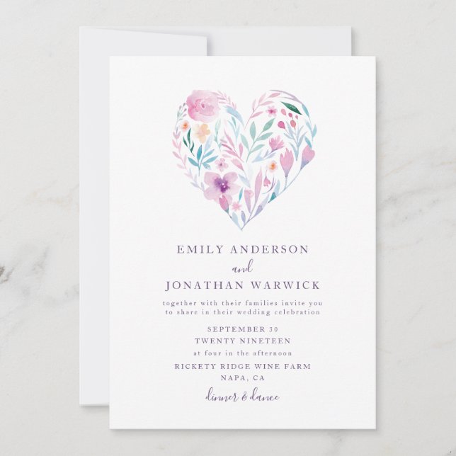 Watercolor Flower Botanical Heart Wedding Invitation (Front)