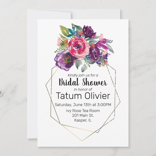 Watercolor Flower Bouquet Geometric Gold Frame Invitation (Front)
