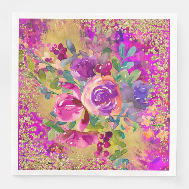 Watercolor Flower Bouquet on Pink Glitter Napkin (Front)