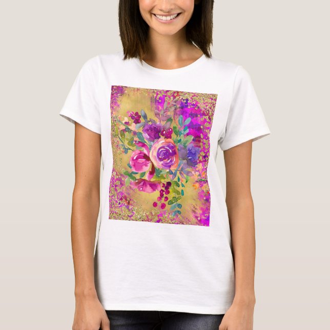 Watercolor Flower Bouquet on Raspberry Pink T-Shirt (Front)