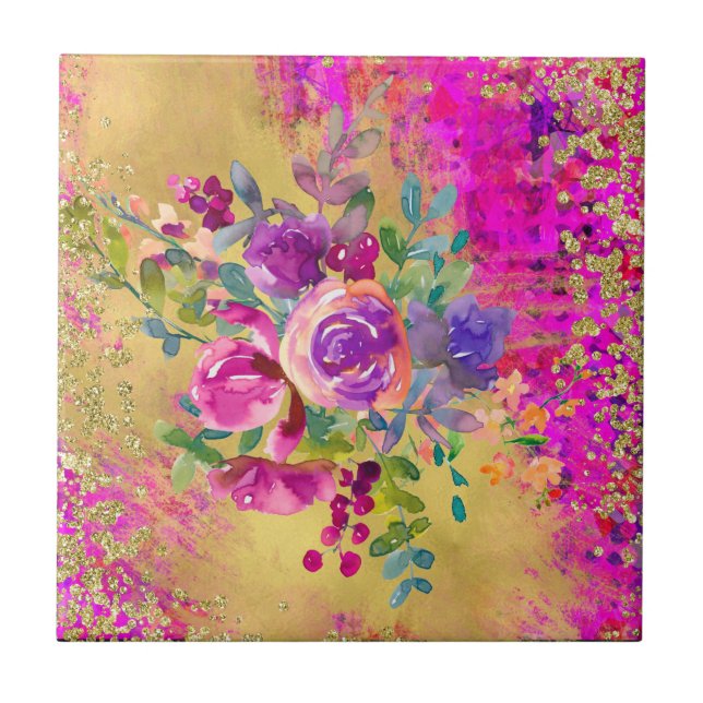 Watercolor Flower Bouquet on Raspberry Pink Tile (Front)