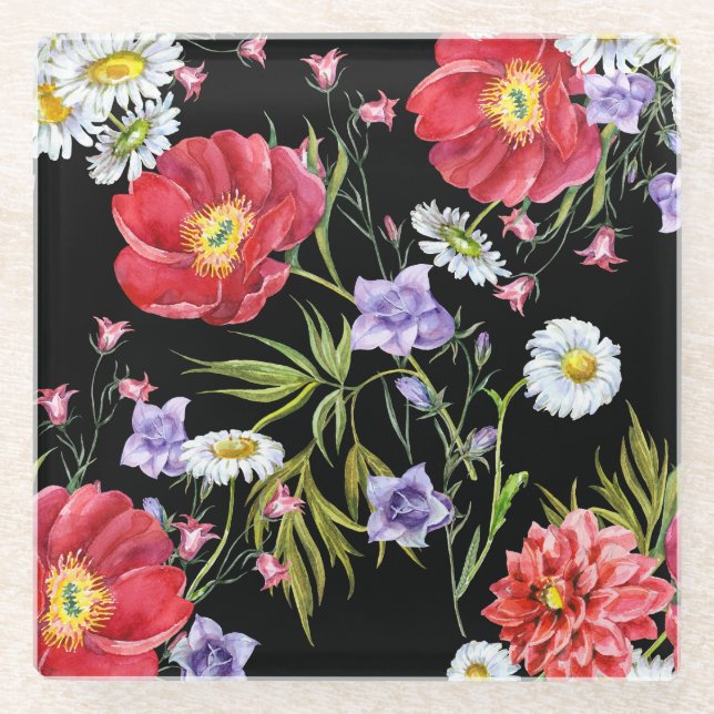 Watercolor Flower Bouquet: Seamless Pattern Glass Coaster (Front)