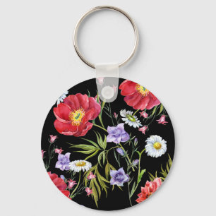 Watercolor Flower Bouquet: Seamless Pattern Key Ring
