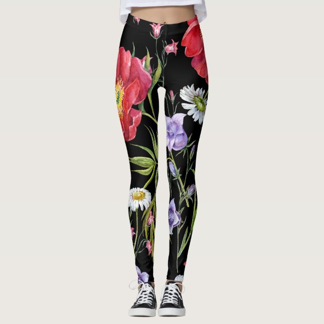 Watercolor Flower Bouquet: Seamless Pattern Leggings (Front)