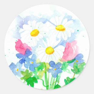 Watercolor Flower Bouquet Shasta Daisy Classic Round Sticker