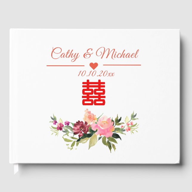 Watercolor flower Chinese wedding Guest Book (Front)