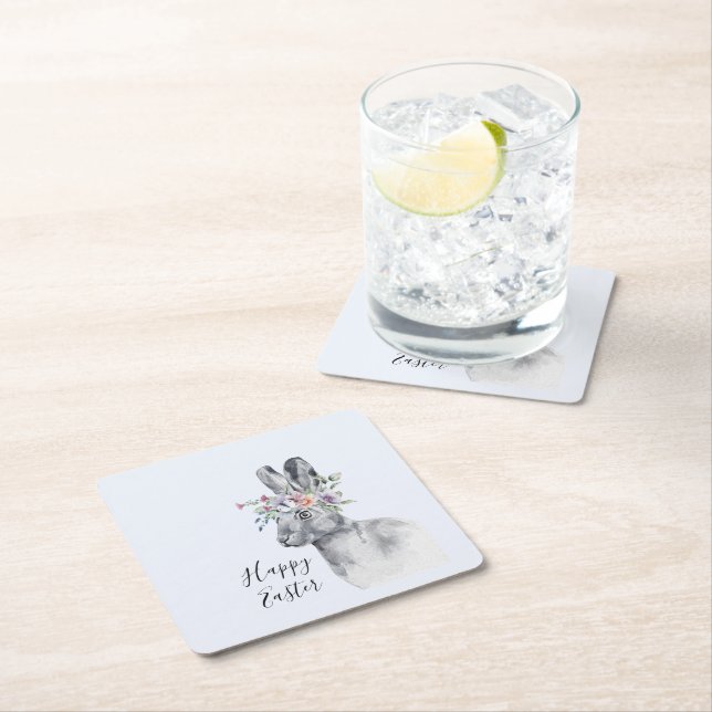Watercolor Flower Crown Easter Bunny Square Paper Coaster (Insitu)