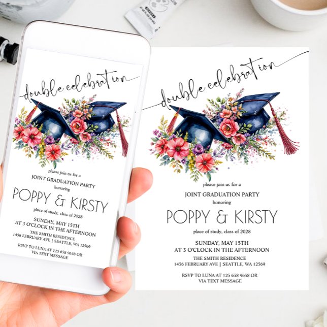 Watercolor Flower Double Graduation Party Invitation (Creator Uploaded)