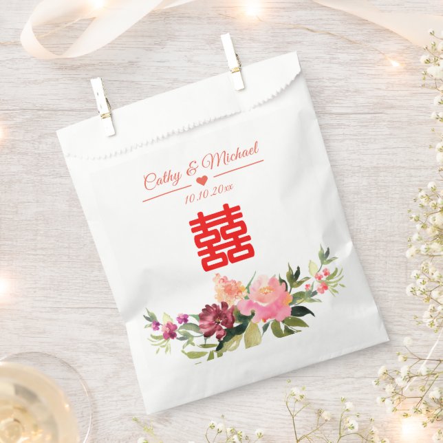 Watercolor flower double happiness chinese wedding favour bags (Clipped)