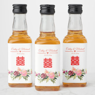 Watercolor flower double happiness chinese wedding liquor bottle label