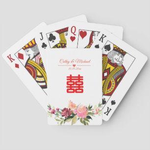 Watercolor flower double happiness chinese wedding playing cards