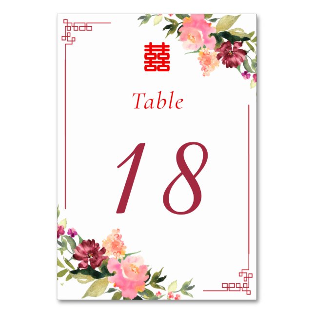 Watercolor flower double xi chinese wedding frame table number (Front)
