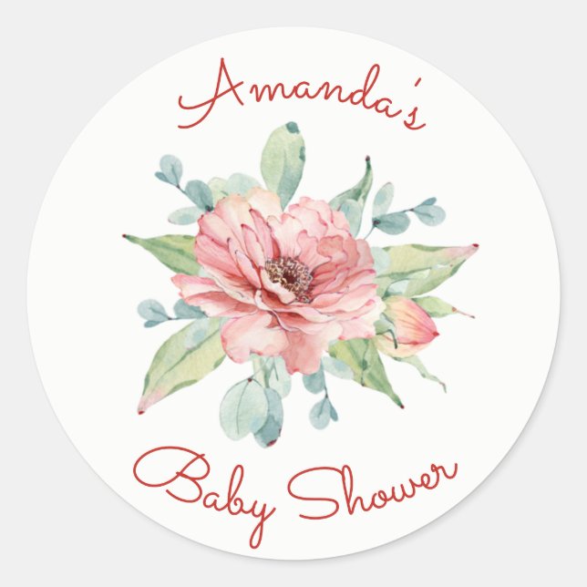 Watercolor Flower Floral Baby Shower Classic Round Sticker (Front)