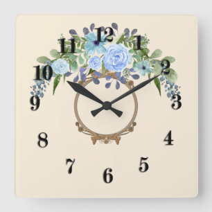 Watercolor flower floral wreath retro vintage blue square wall clock