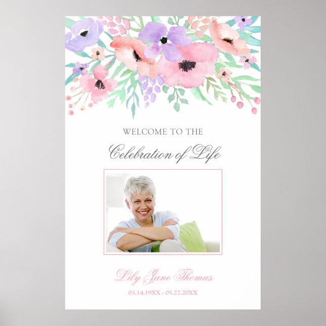 Watercolor Flower Funeral Welcome Sign - 24 x 36 (Front)