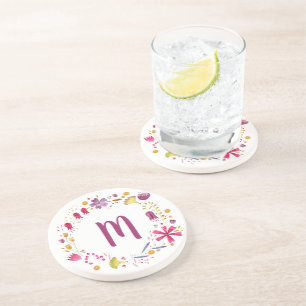 Watercolor Flower Garland Monogram Coaster