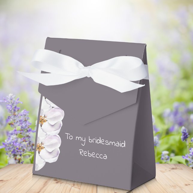 watercolor flower gift to bridesmaids name, purple favour box (favor box for your bridesmaid, maid of honour, mother-in-law or friend. Cute bow to close the box.)