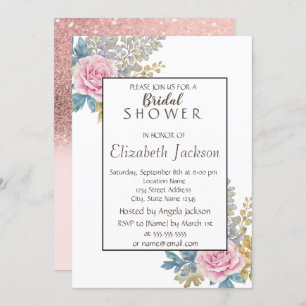 Watercolor Flower, Glitter Bridal Shower Invitation
