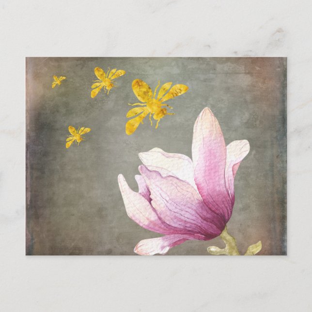 Watercolor Flower & Gold Bees Postcard (Front)