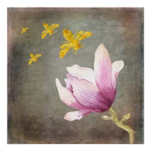 Watercolor Flower & Gold Bees Poster