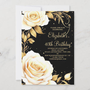 Watercolor Flower Gold Elegant 40th Birthday Invitation