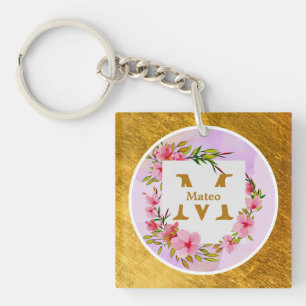 Watercolor Flower Gold Frame   Custom Name Key Ring
